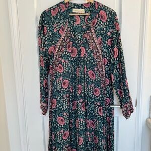 Natalie Martin Teal Long Sleeve Floral Maxi Dress with Pink Blooms